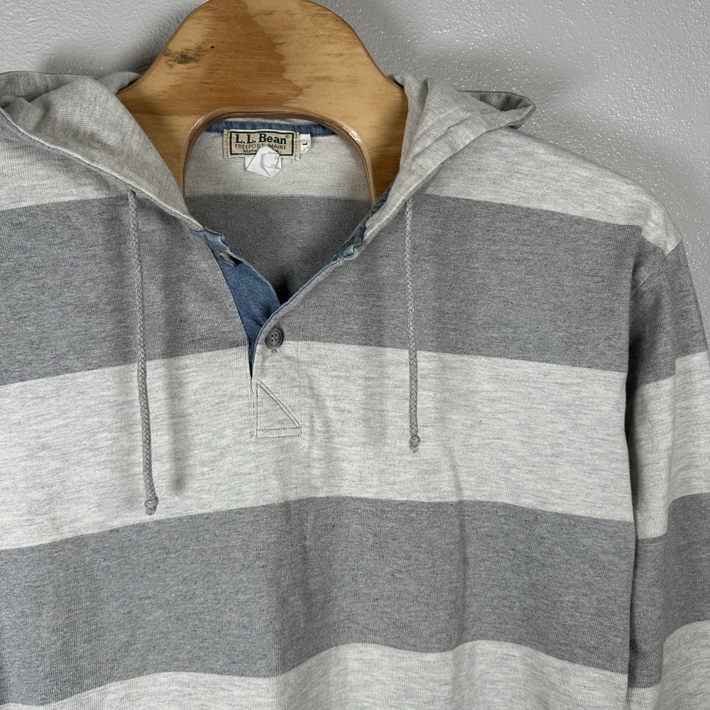 Vintage 90s LL Bean Gray Striped Cotton Rugby Henley Hoodie Sz Large Made In USA - Picture 2 of 4